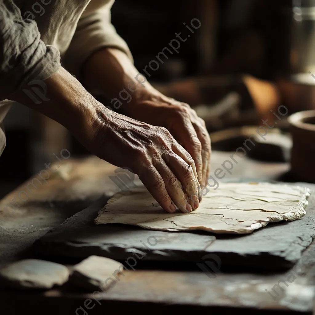 Hands pressing down on handmade paper in a rustic workshop. - Image 1