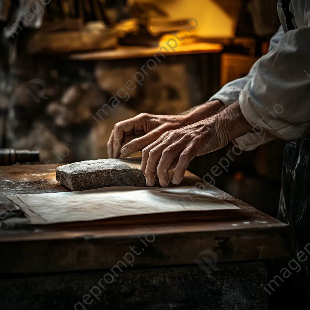 Hands pressing down on handmade paper in a rustic workshop. - Image 2