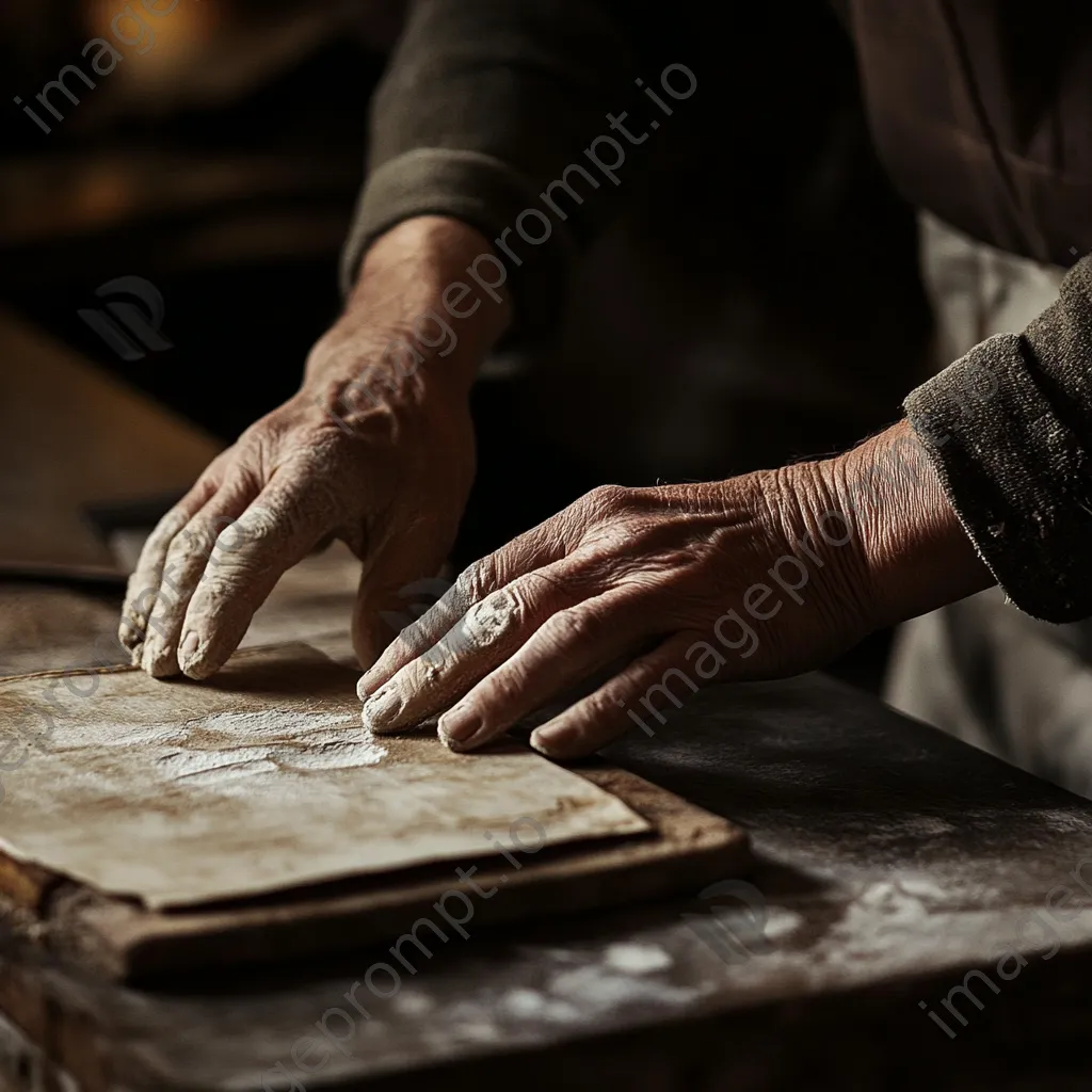 Hands pressing down on handmade paper in a rustic workshop. - Image 4