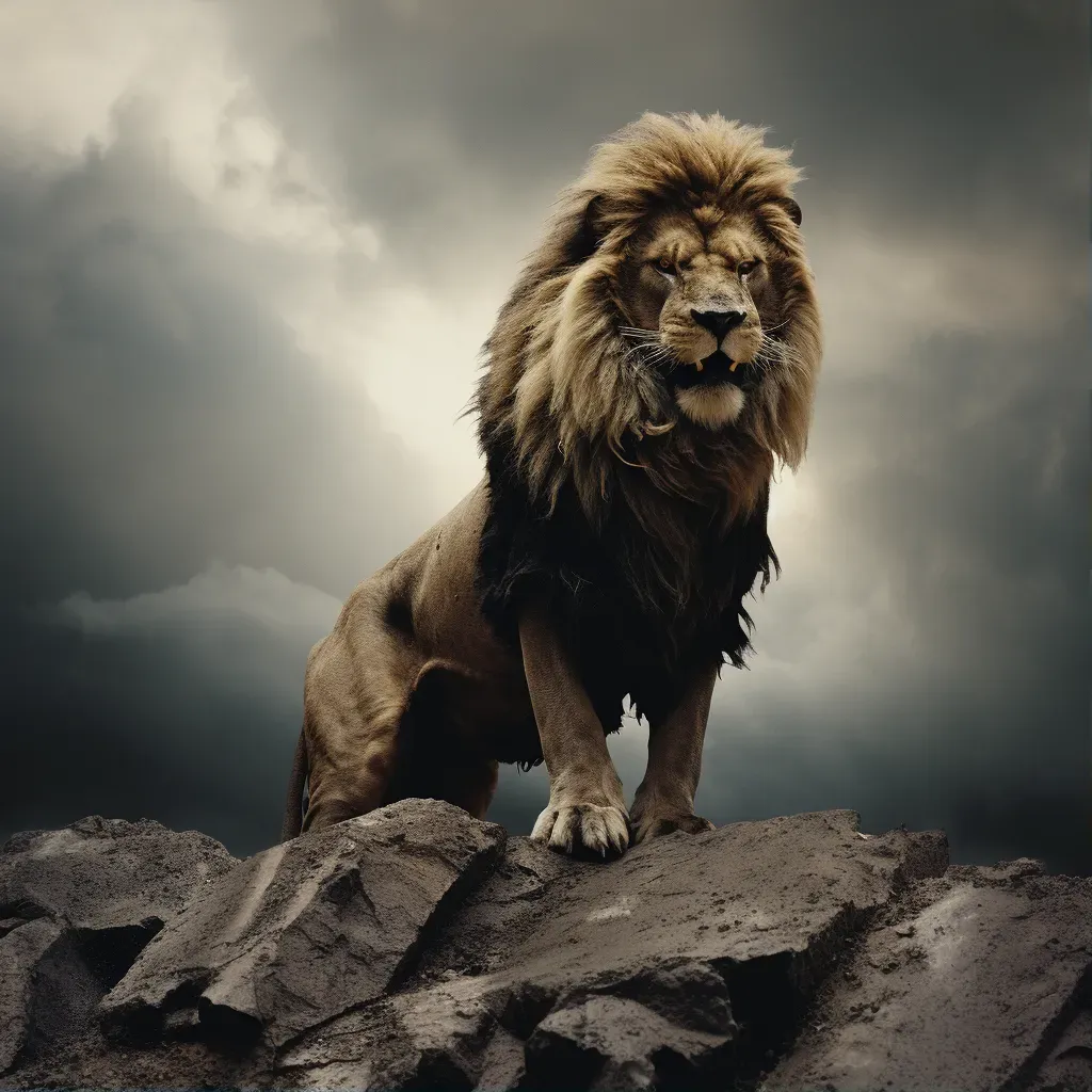 Lion on rocky outcrop under stormy sky - Image 1