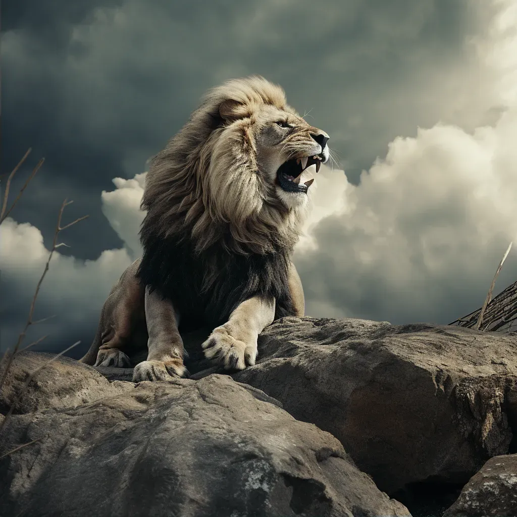 Lion on rocky outcrop under stormy sky - Image 2