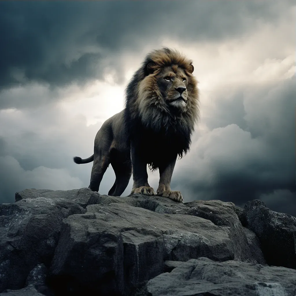 Lion on rocky outcrop under stormy sky - Image 3