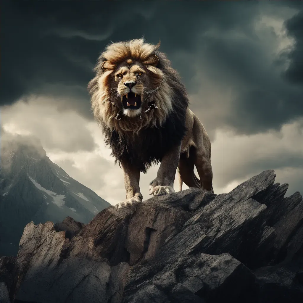 Lion on rocky outcrop under stormy sky - Image 4