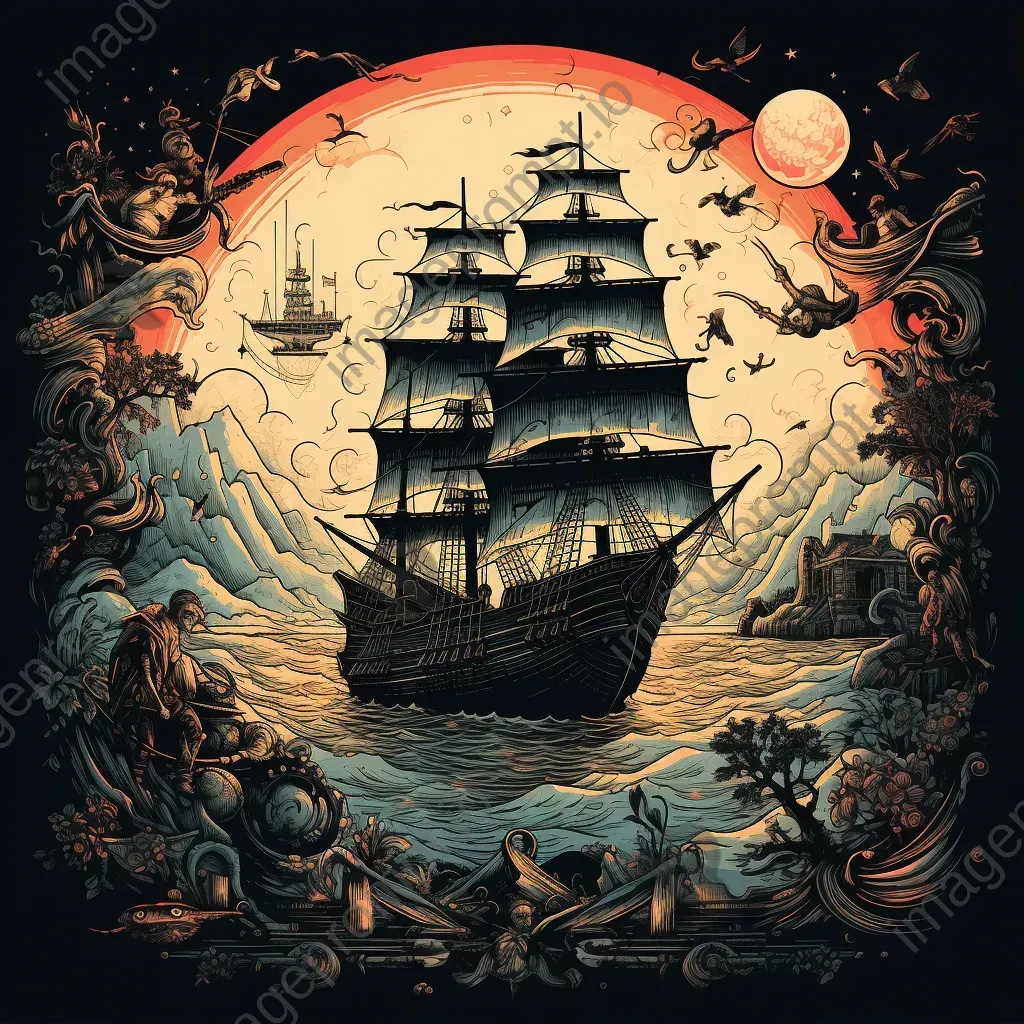 Intricate line art of a pirate ship with treasure maps and parrots - Image 1