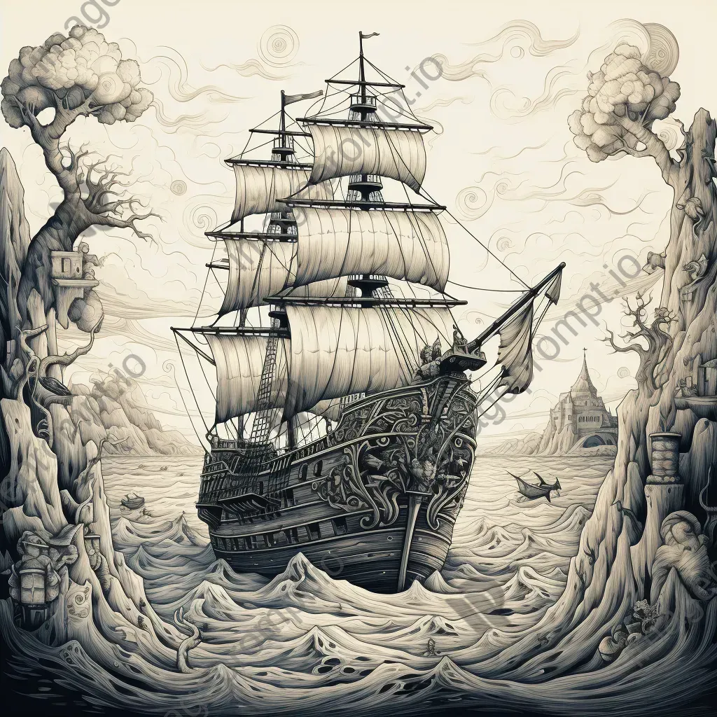 Intricate line art of a pirate ship with treasure maps and parrots - Image 2