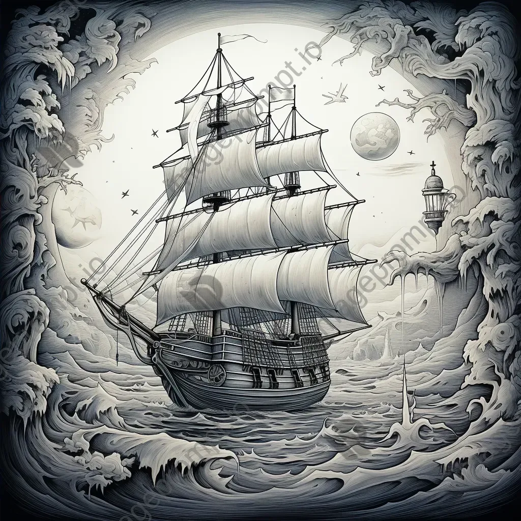 Intricate line art of a pirate ship with treasure maps and parrots - Image 4