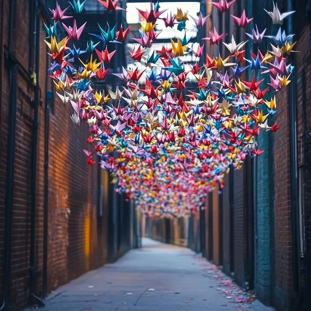 An alley fills up with vibrantly colored, hanging origami cranes - Image 1