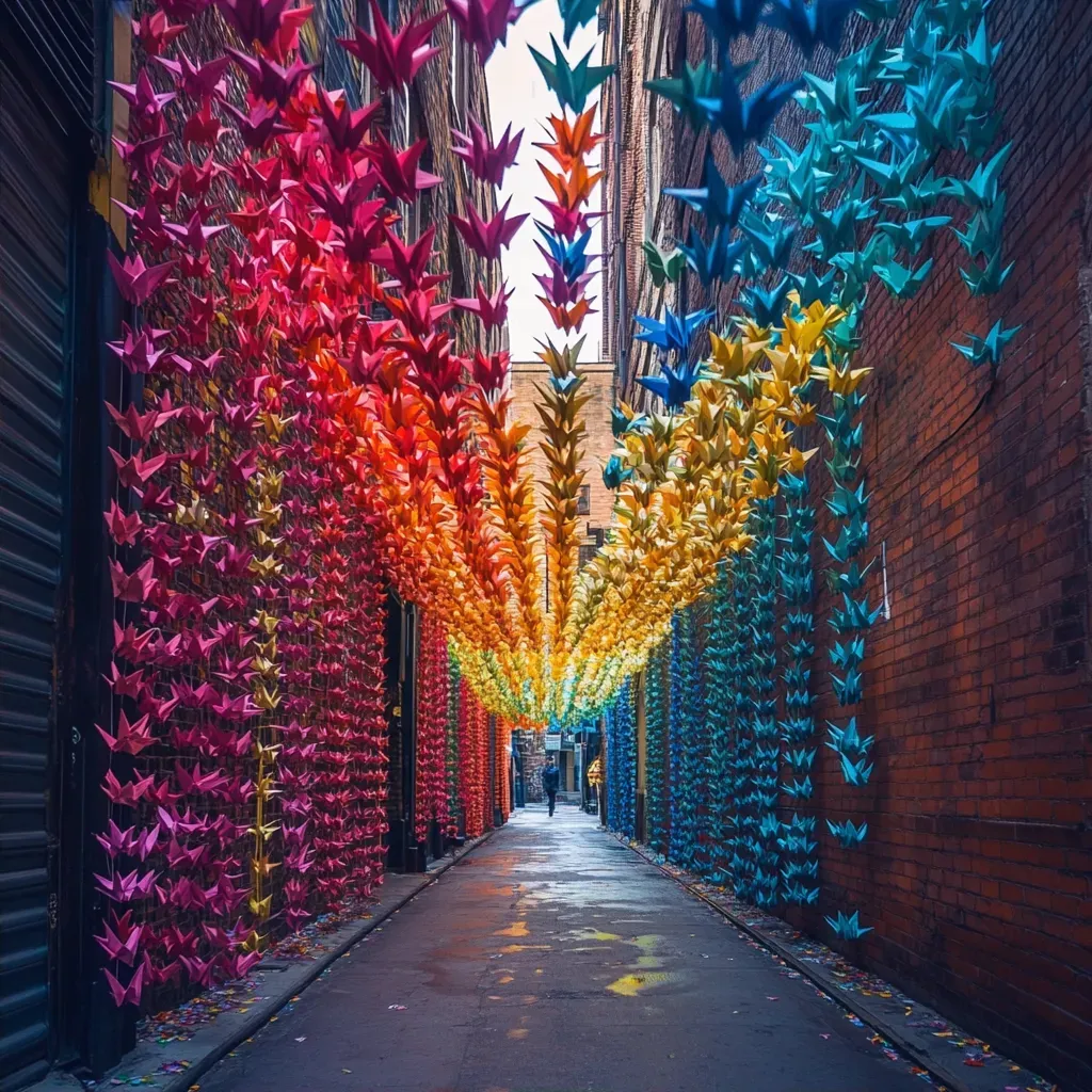 An alley fills up with vibrantly colored, hanging origami cranes - Image 2