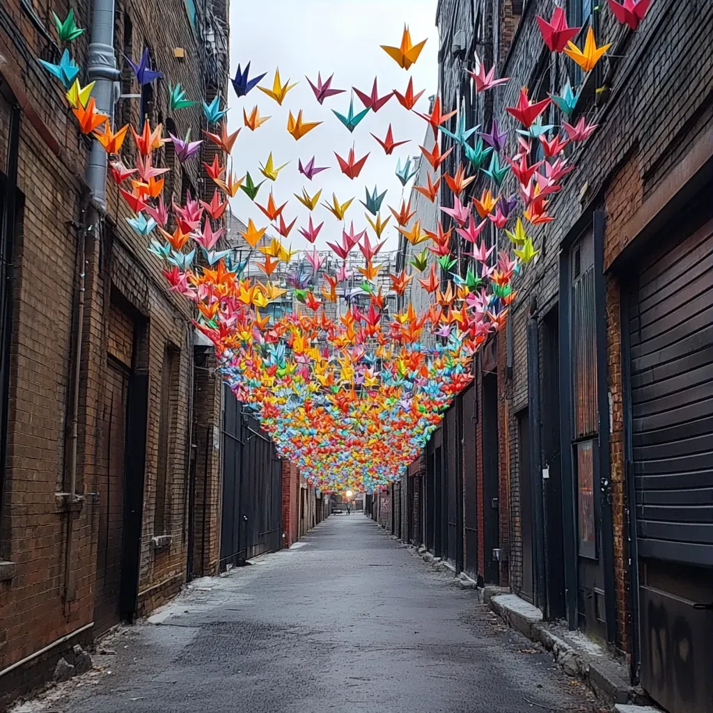 An alley fills up with vibrantly colored, hanging origami cranes - Image 3