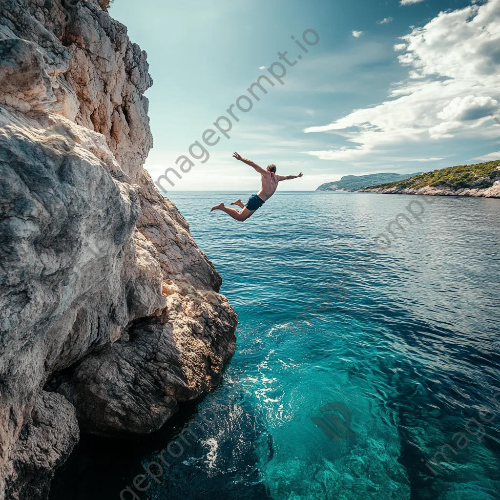 Athlete cliff diving into blue water - Image 1