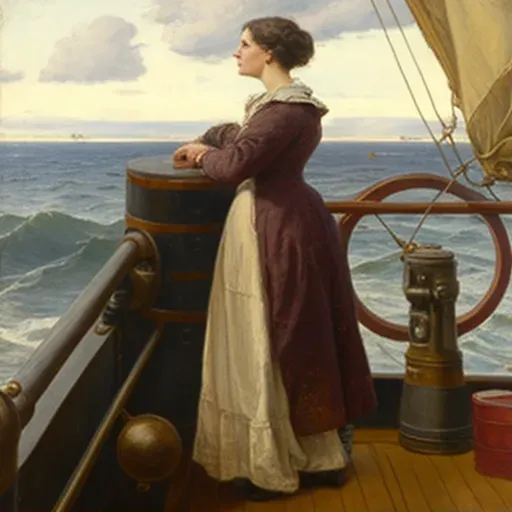 Woman looking at uncharted ocean from ship deck with telescope - Image 1