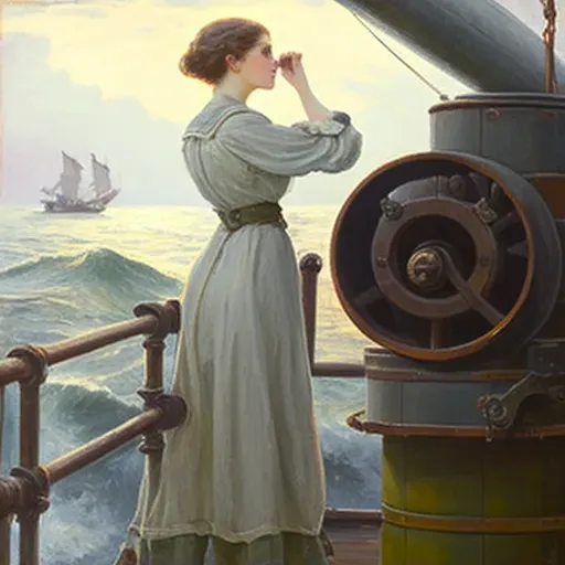 Woman looking at uncharted ocean from ship deck with telescope - Image 2