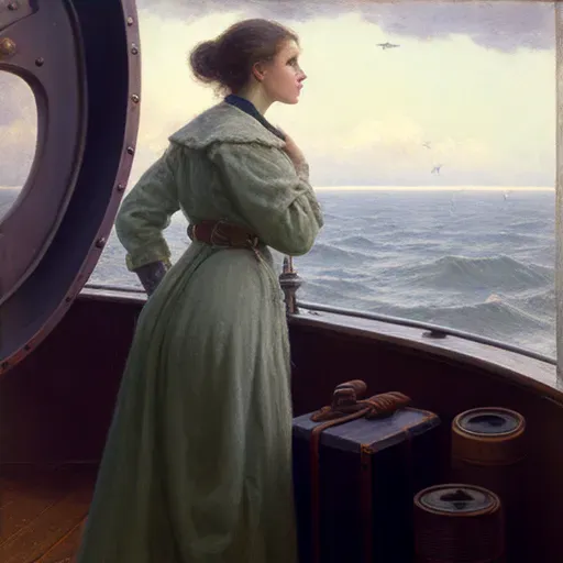 Woman looking at uncharted ocean from ship deck with telescope - Image 4