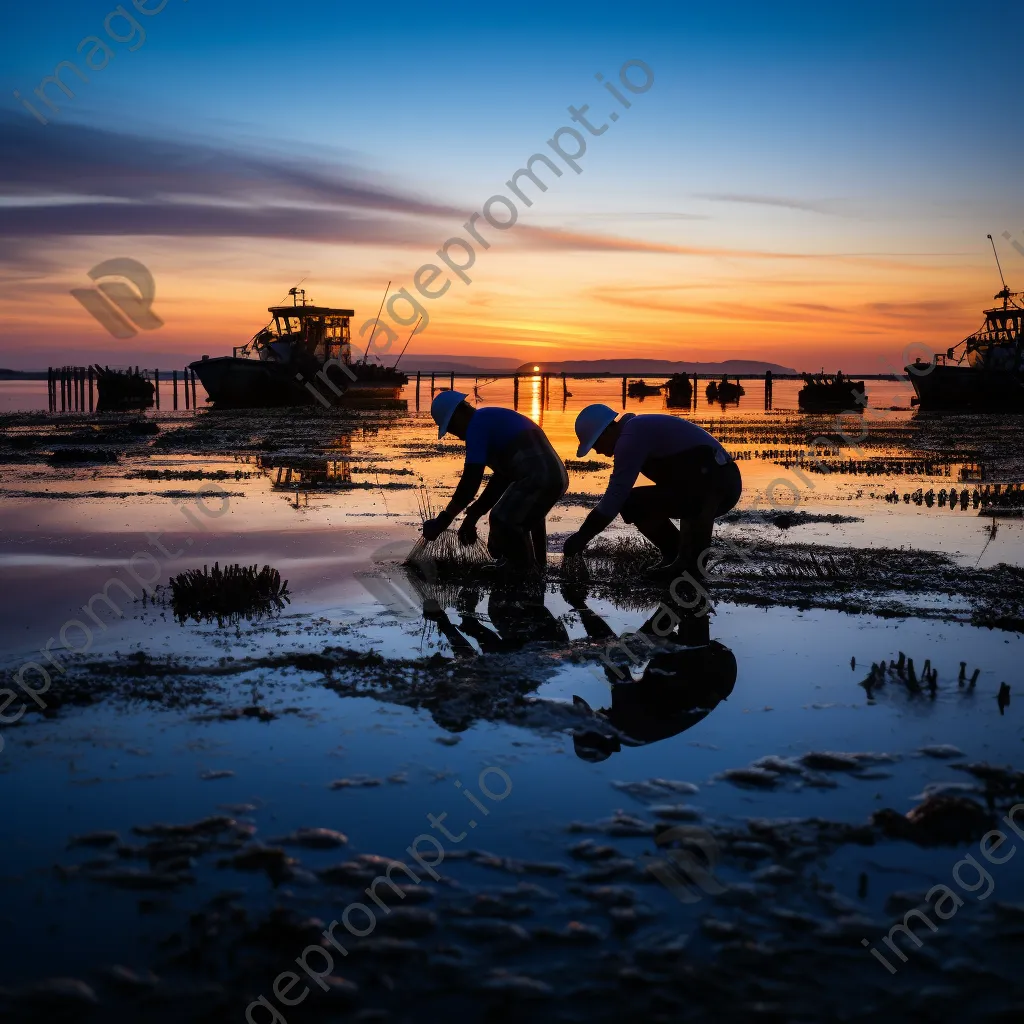 Workers maintaining oyster beds in the calm waters at dusk - Image 2