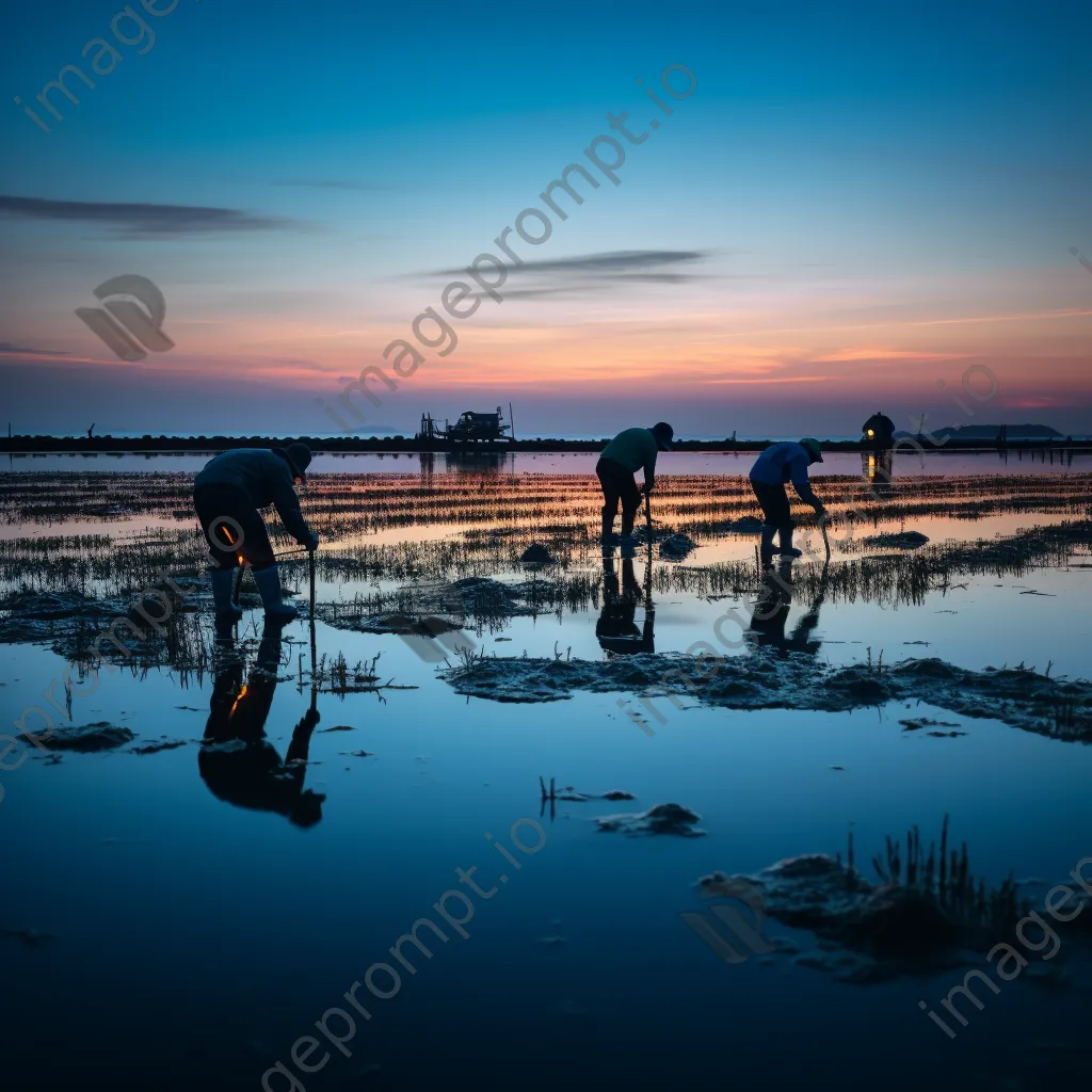 Workers maintaining oyster beds in the calm waters at dusk - Image 3