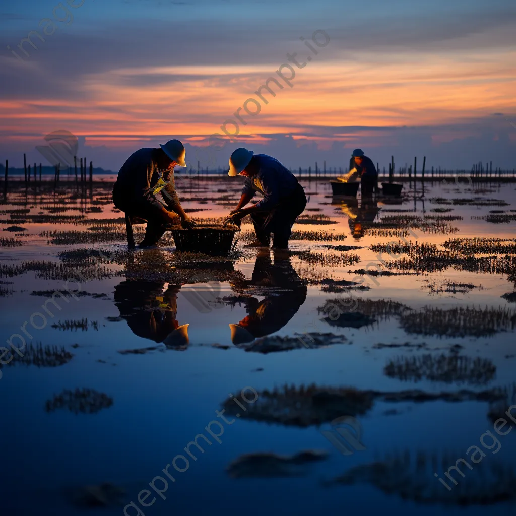 Workers maintaining oyster beds in the calm waters at dusk - Image 4