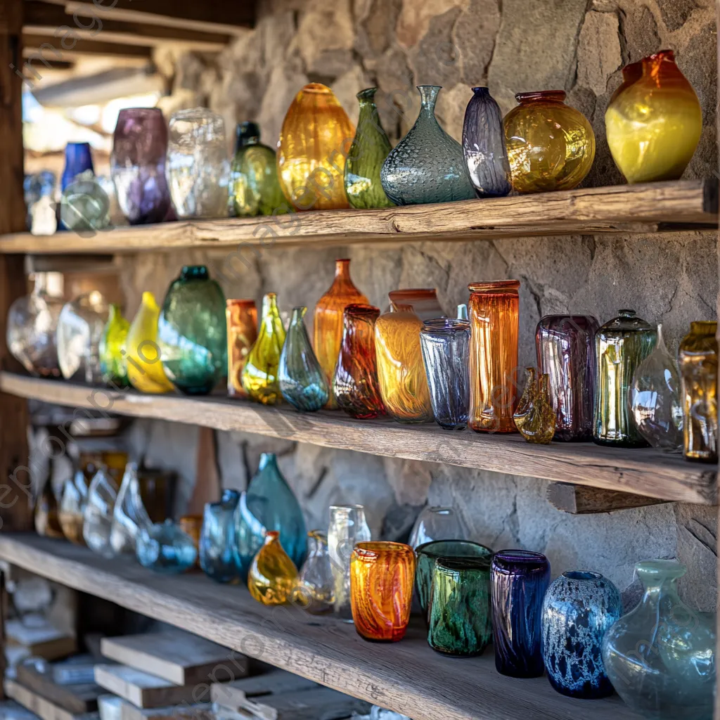 Colorful handmade glass art pieces displayed in workshop - Image 2