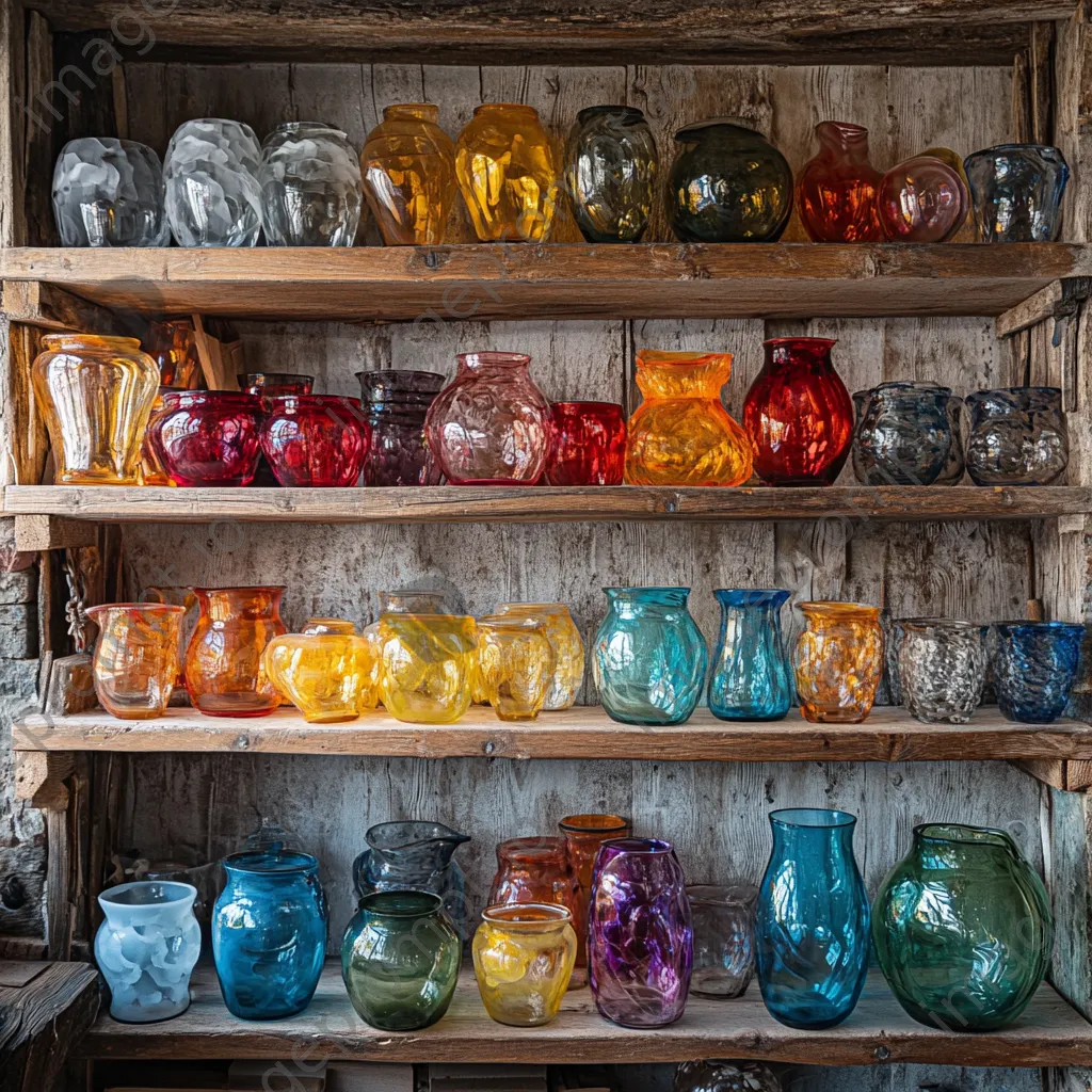 Colorful handmade glass art pieces displayed in workshop - Image 3