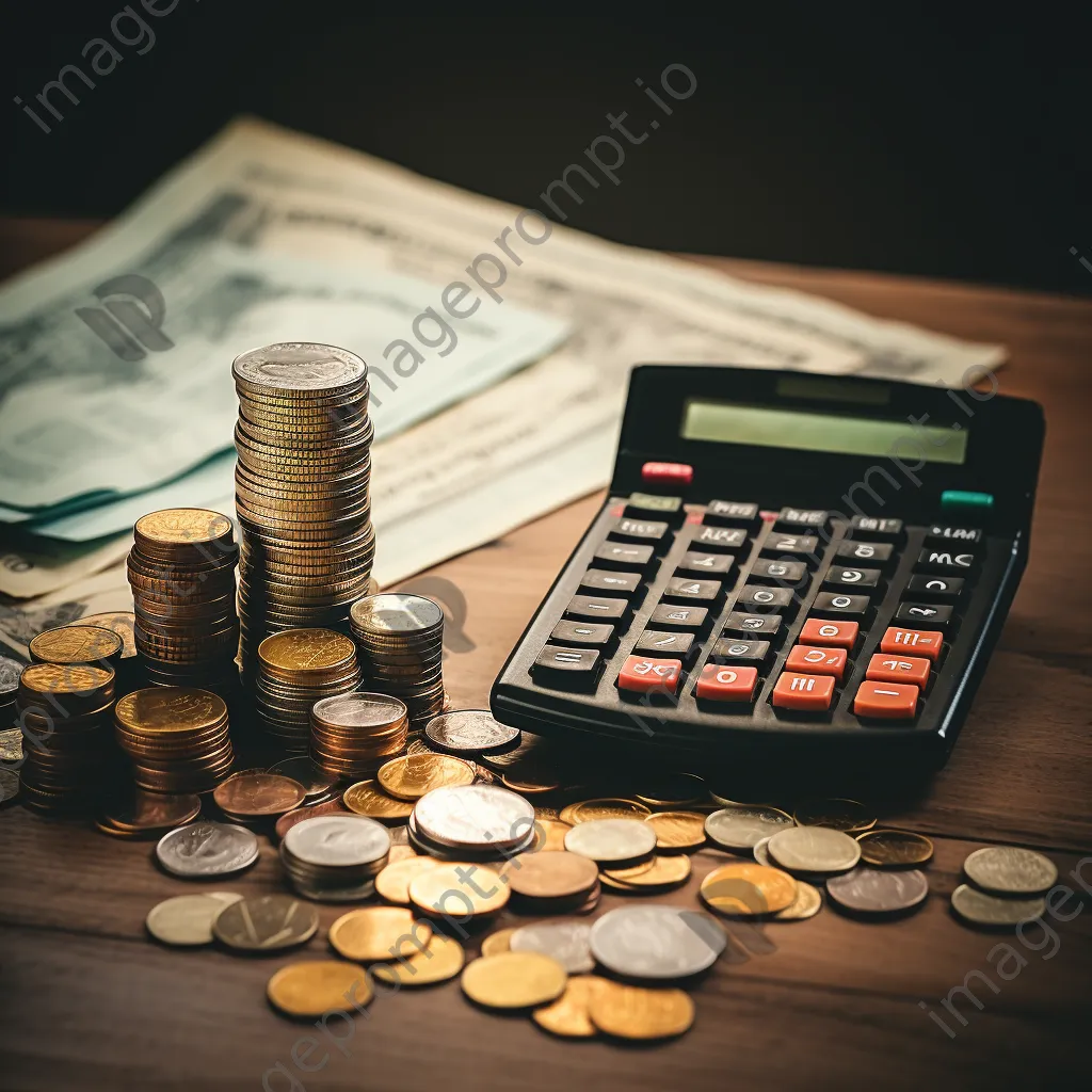 Calculator with coins and financial reports on wooden table - Image 1