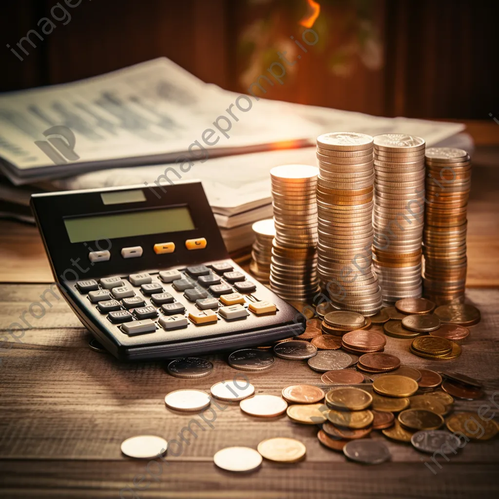 Calculator with coins and financial reports on wooden table - Image 2