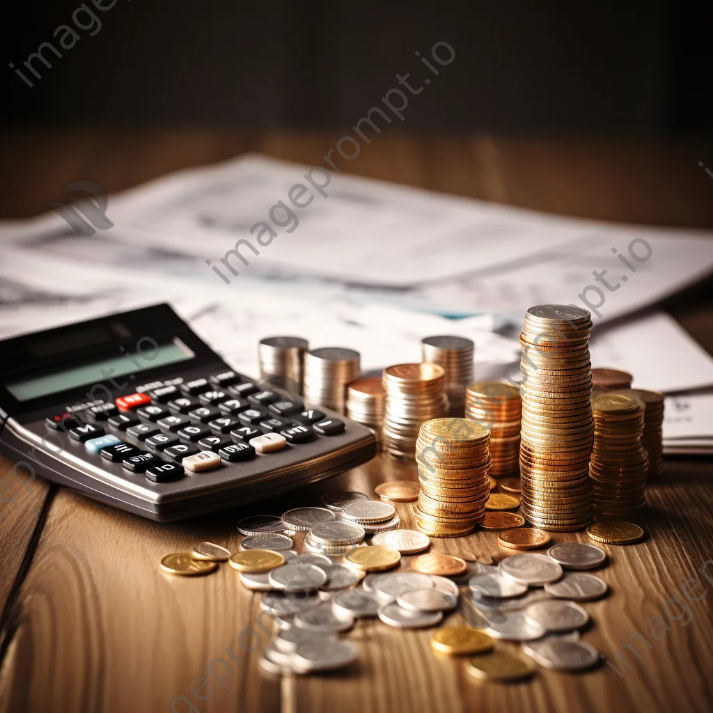 Calculator with coins and financial reports on wooden table - Image 3