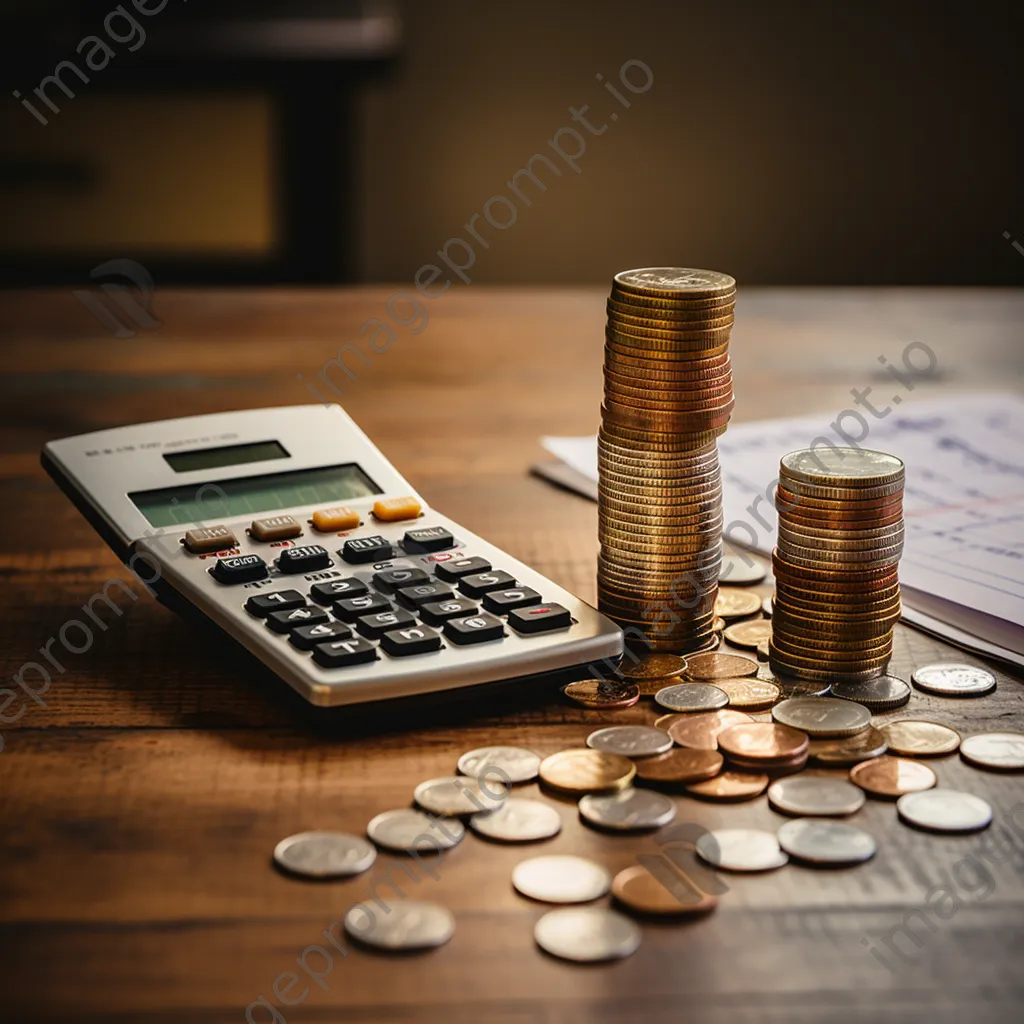 Calculator with coins and financial reports on wooden table - Image 4