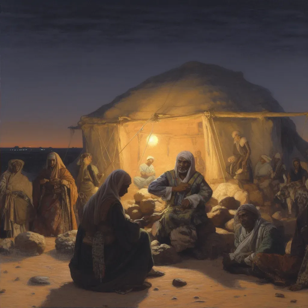 Illustration of a traditional Bedouin desert camp in the evening with a group of people gathered around a fire - Image 2