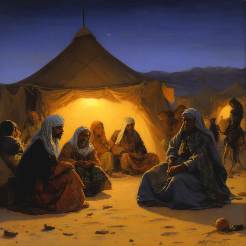 Illustration of a traditional Bedouin desert camp in the evening with a group of people gathered around a fire - Image 3