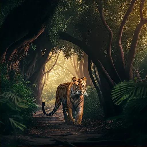 Majestic Bengal tiger walking in the green jungles of India during the golden hour - Image 2