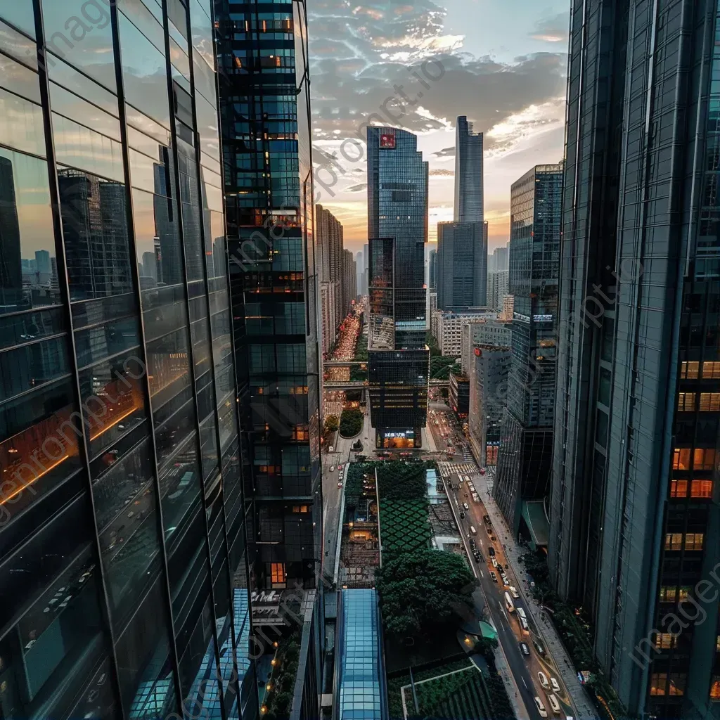 Urban cityscape with towering skyscrapers and busy streets below - Image 1