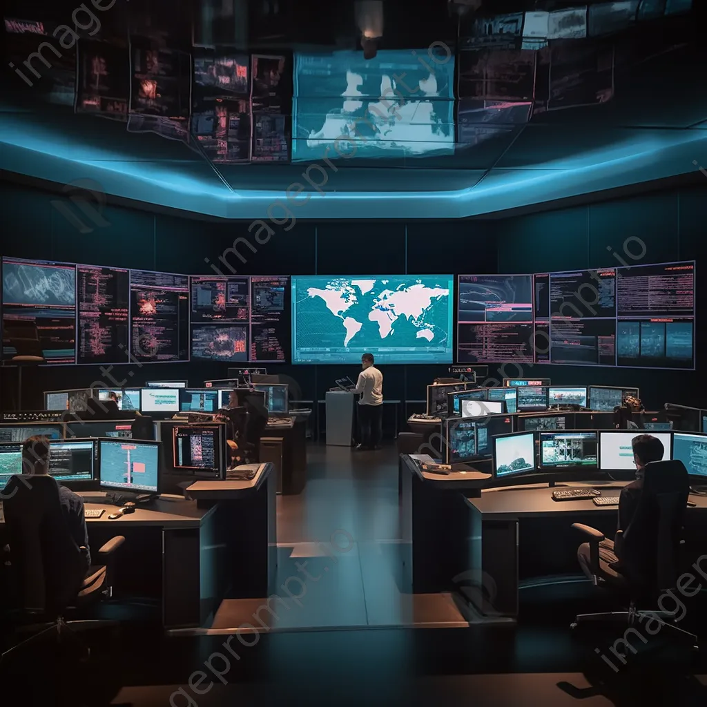 Control room with large screens displaying cloud computing data and analytics. - Image 2