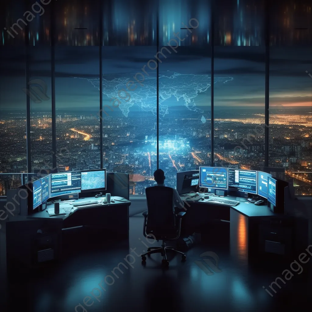 Control room with large screens displaying cloud computing data and analytics. - Image 4