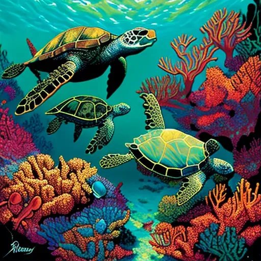 Hawksbill sea turtles swimming in colorful coral reefs in turquoise waters - Image 1