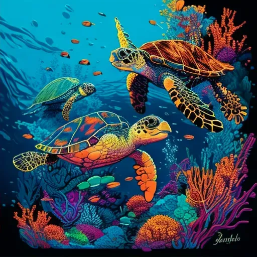 Hawksbill sea turtles swimming in colorful coral reefs in turquoise waters - Image 2