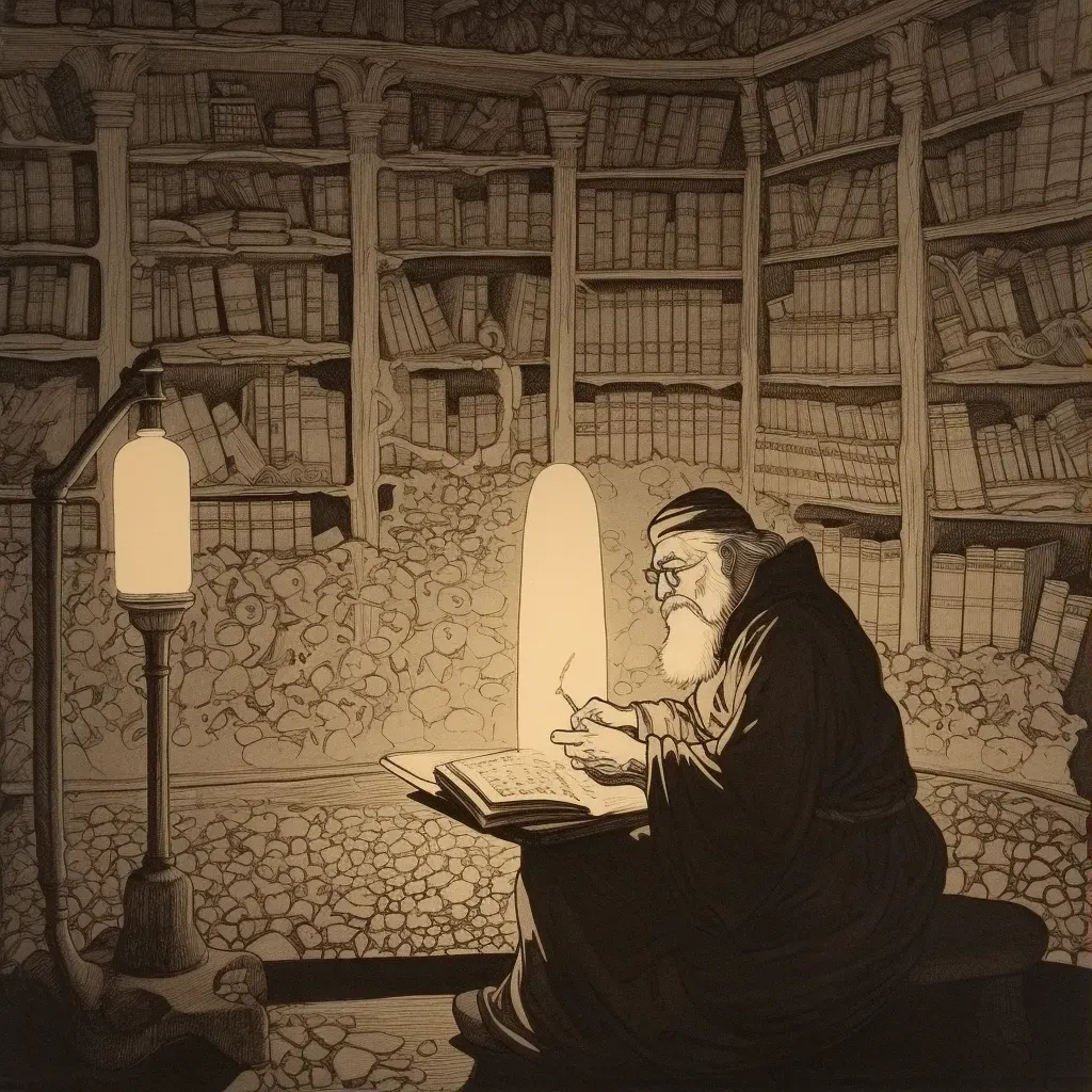 Ancient scholar studying by candlelight in a dusty library full of scrolls and tomes - Image 1