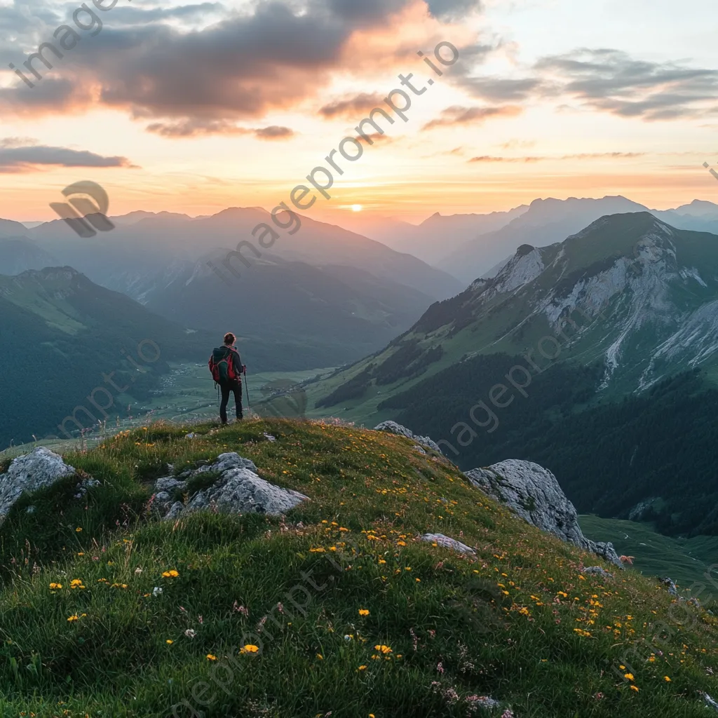 A hiker standing on a ridge overlooking an alpine meadow at sunset. - Image 1