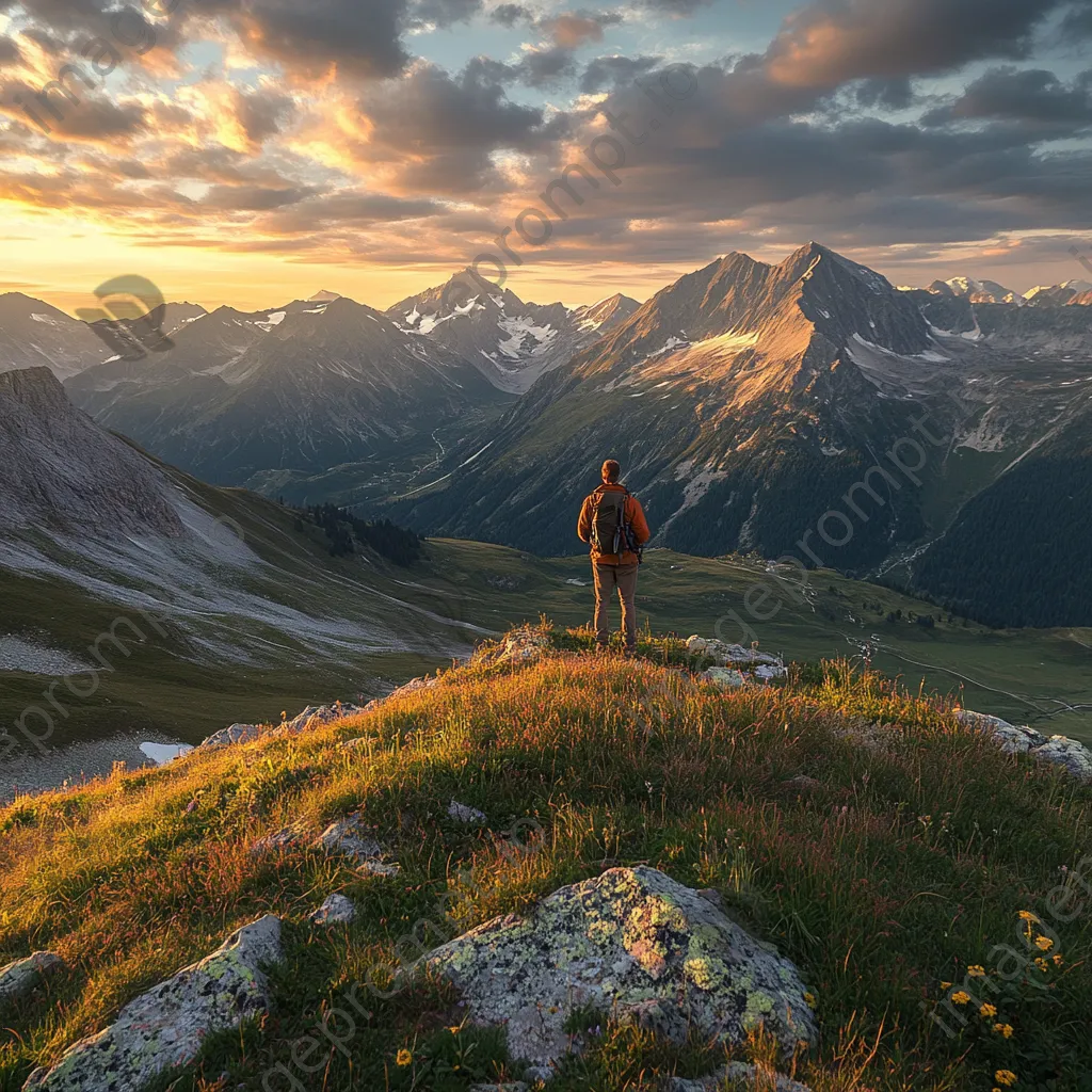 A hiker standing on a ridge overlooking an alpine meadow at sunset. - Image 2