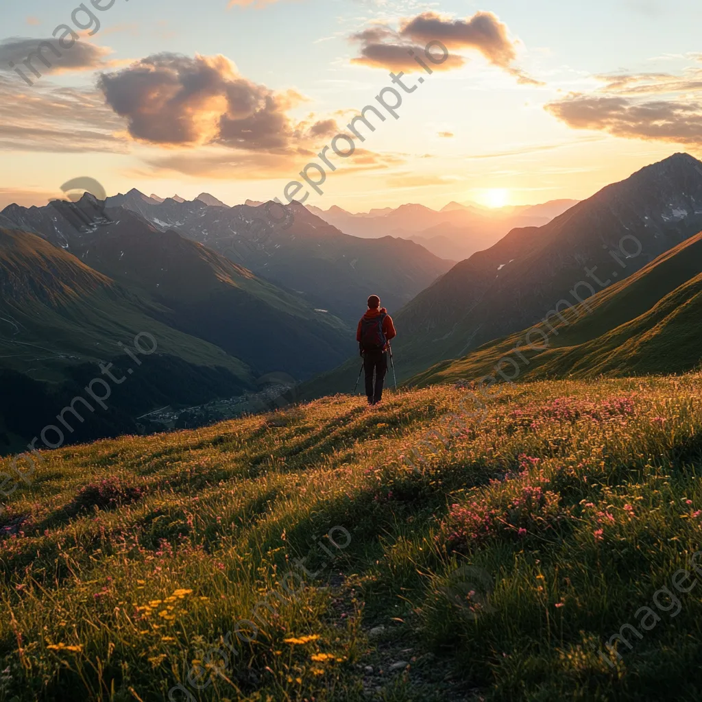 A hiker standing on a ridge overlooking an alpine meadow at sunset. - Image 3