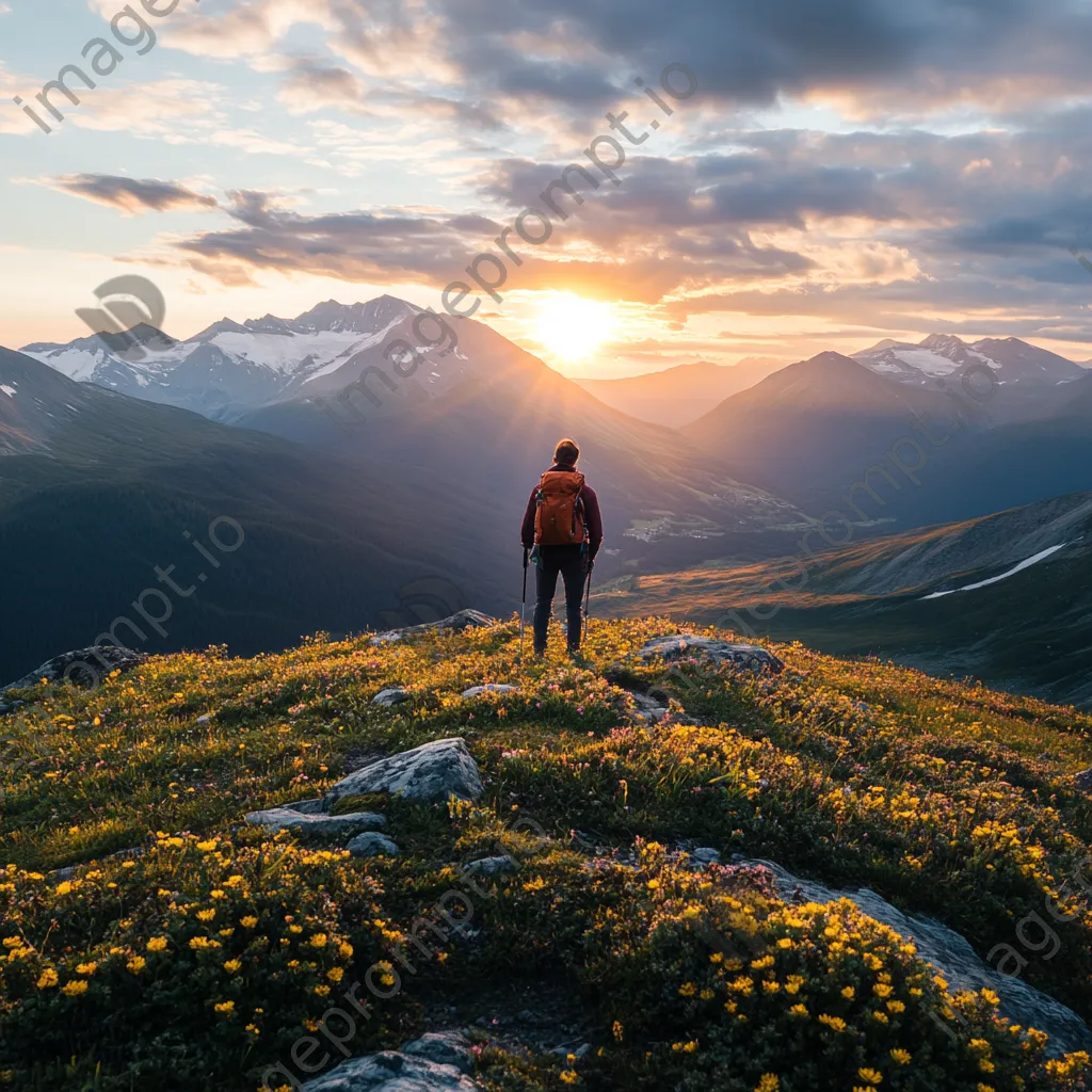 A hiker standing on a ridge overlooking an alpine meadow at sunset. - Image 4