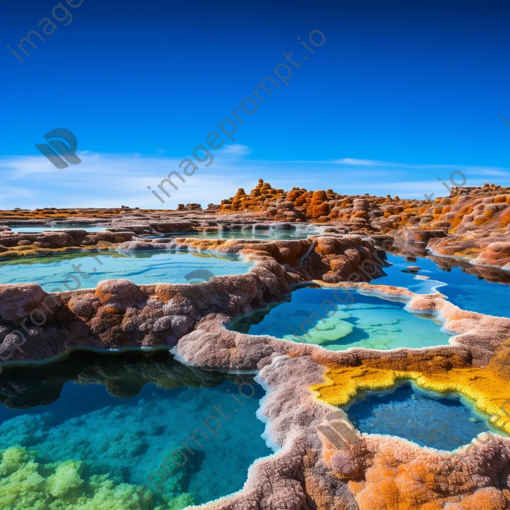 Aerial view of colorful geothermal pools with mineral deposits under a blue sky. - Image 1