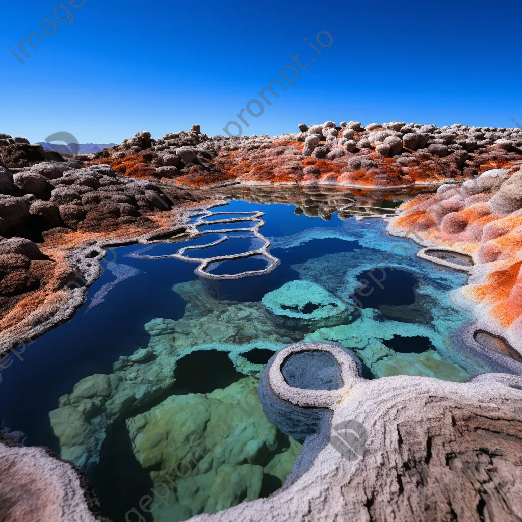 Aerial view of colorful geothermal pools with mineral deposits under a blue sky. - Image 2