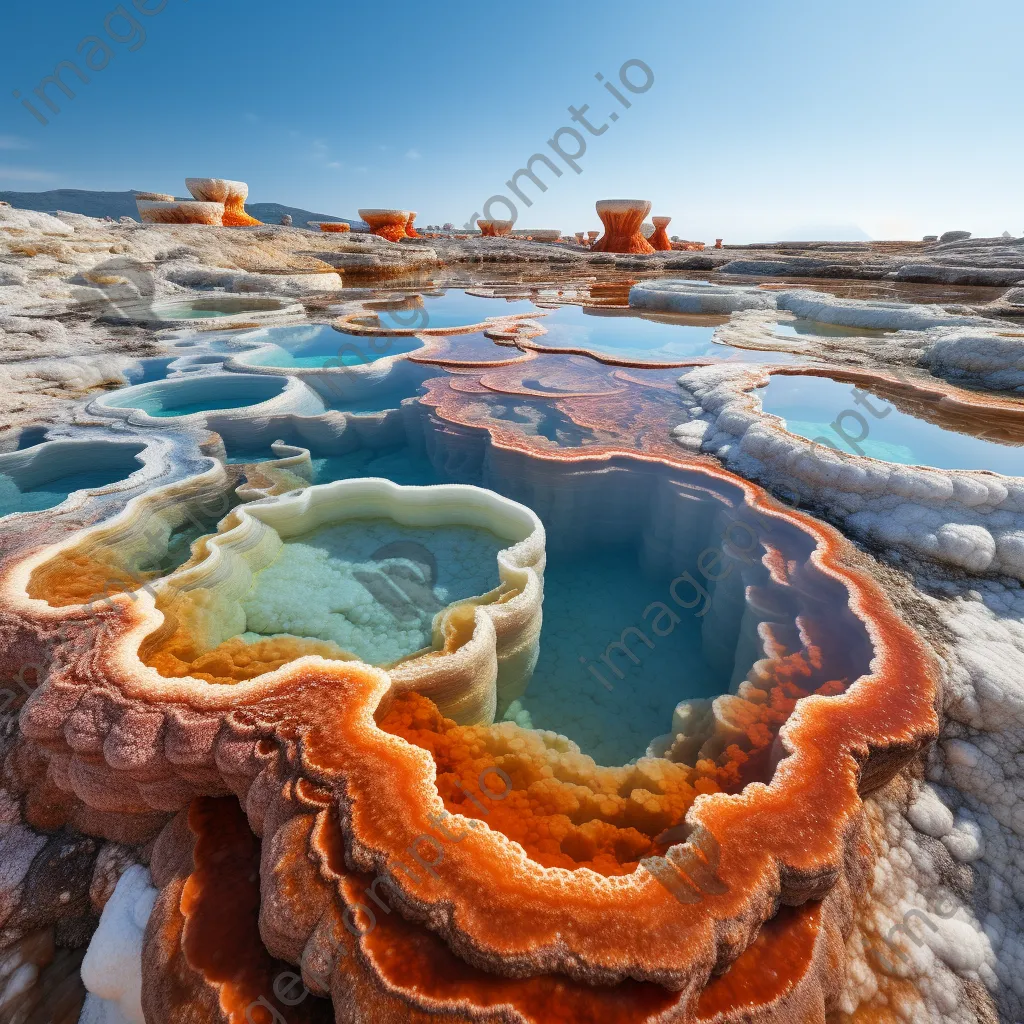 Aerial view of colorful geothermal pools with mineral deposits under a blue sky. - Image 3