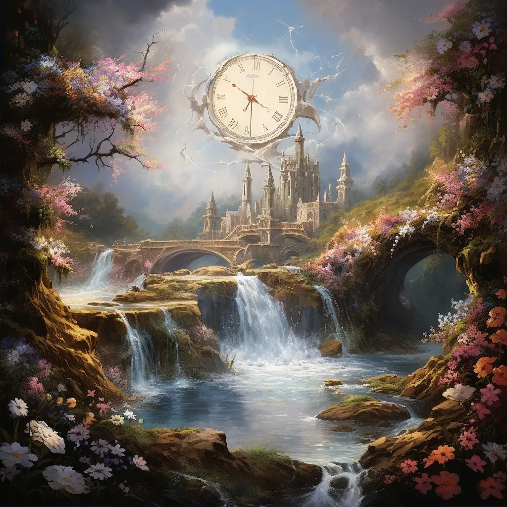 World with backward-flowing time, skyward waterfalls, and budding flowers - Image 2