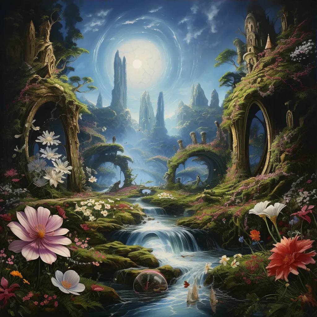 World with backward-flowing time, skyward waterfalls, and budding flowers - Image 3