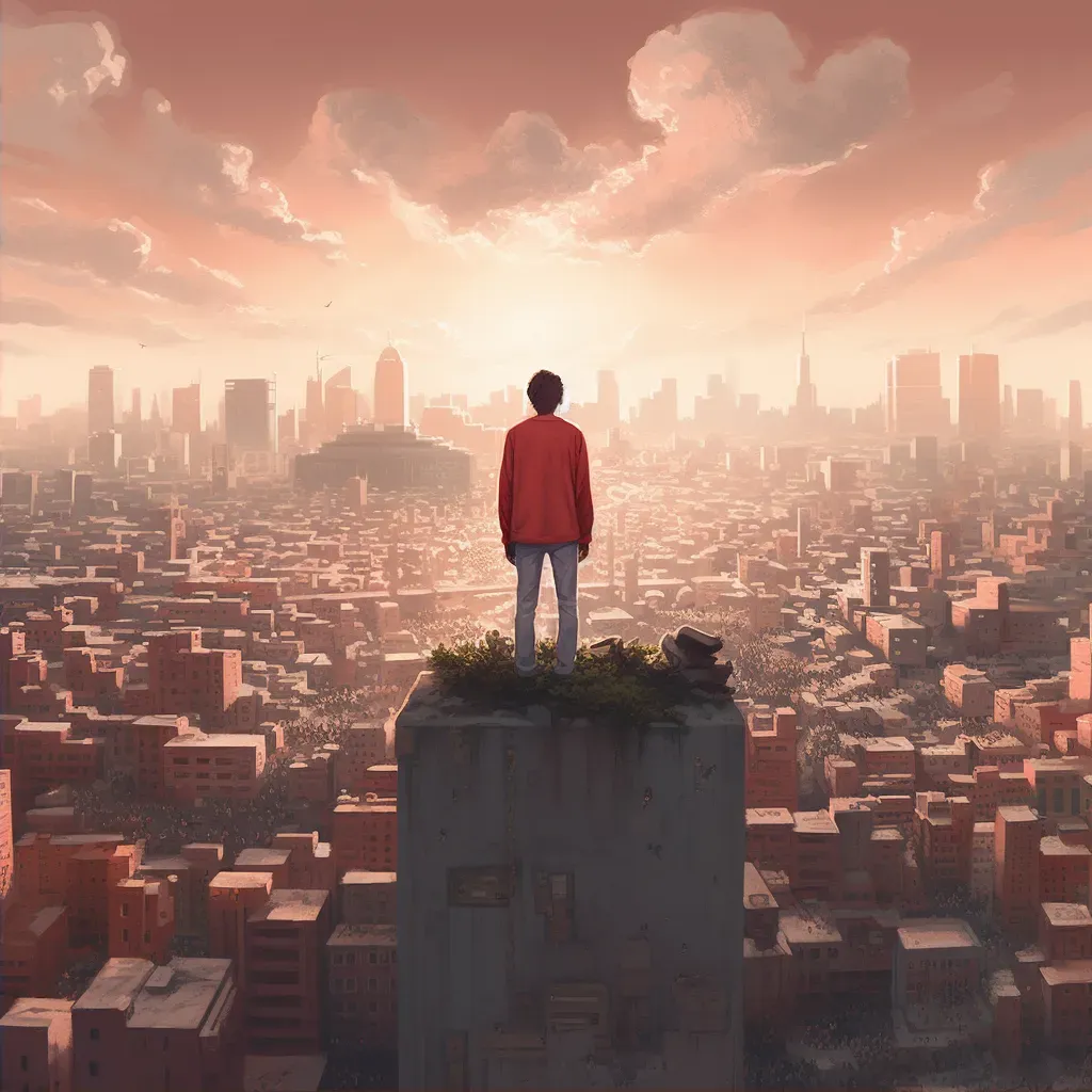 Solitary figure standing on a city rooftop, gazing at a distant horizon - Image 2