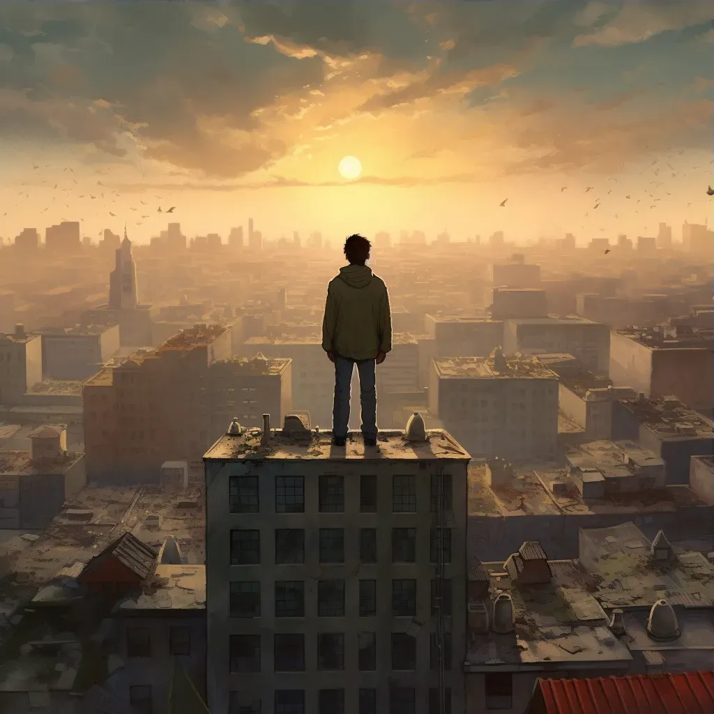 Solitary figure standing on a city rooftop, gazing at a distant horizon - Image 3