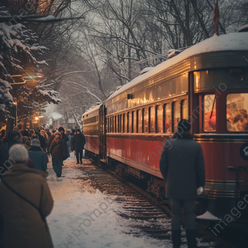 Vintage passenger train at a bustling winter festival - Image 1