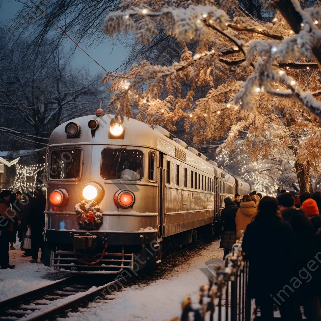 Vintage passenger train at a bustling winter festival - Image 2