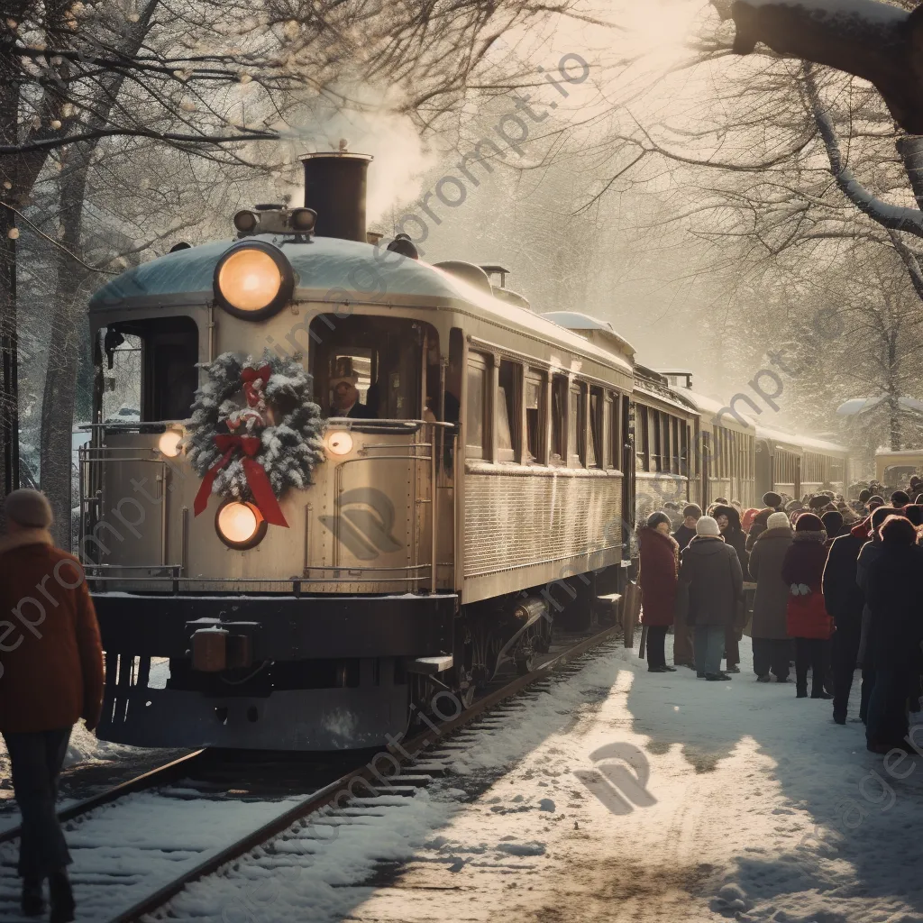 Vintage passenger train at a bustling winter festival - Image 3