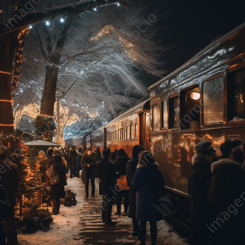 Vintage passenger train at a bustling winter festival - Image 4